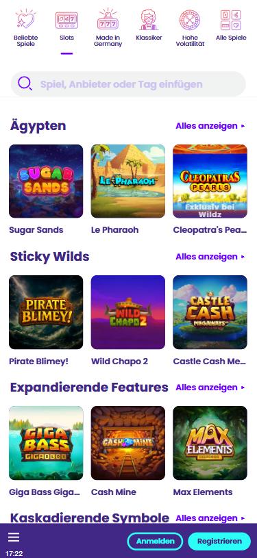 Wildz Casino mobile lobby